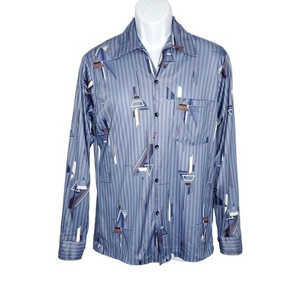 Vtg 70s Mr Jan Don Giovanni Disco Shirt M Geometric Stripe Blue Brown - Picture 1 of 6